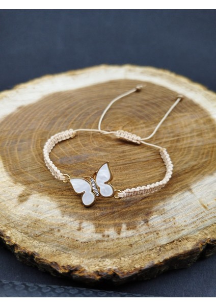 Bahar Kelebeği Temalı Bej El Örgüsü Makrome Bileklik fiyatları