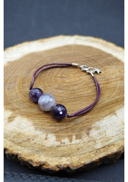 Mor Ametist Taşı ve Akik Deri Ipli El Yapımı Doğal Taş Bileklik