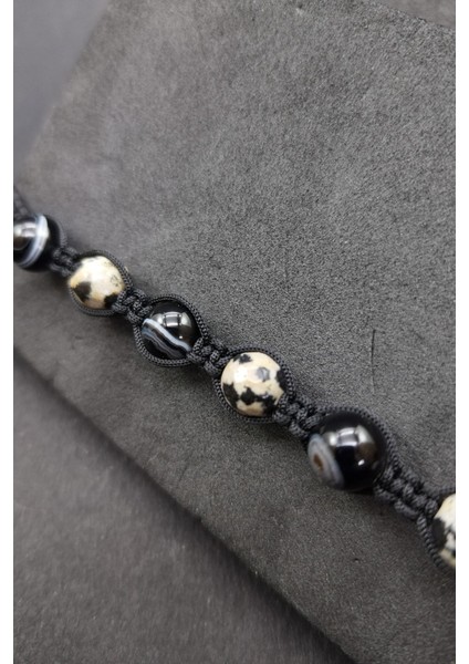 Unisex Jasper ve Akik Siyah Özel Tasarım El Örgüsü Makrome Doğal Taş Bileklik