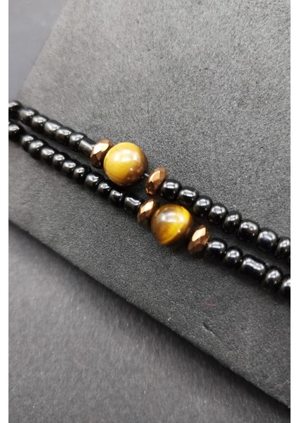 Unisex Kaplan Gözü Siyah El Yapımı Özel Tasarım Doğal Taş Bileklik