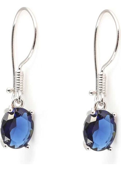 925 Ayar Gümüş Oval Büyük Boy Sentetik Safir Taşlı Küpe