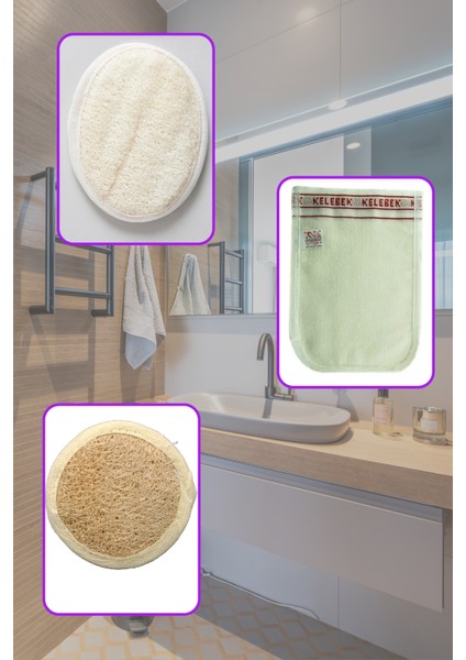 Premium 100 Doğal Kabâk Lifi Vücud Için + Yüz Kabak Lifi + Kelebek Kese Kalın 3'Lü Banyo Kese Seti