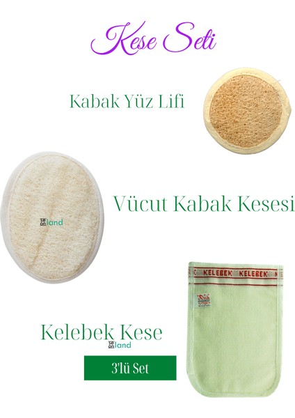 Premium 100 Doğal Kabâk Lifi Vücud Için + Yüz Kabak Lifi + Kelebek Kese Kalın 3'Lü Banyo Kese Seti modelleri