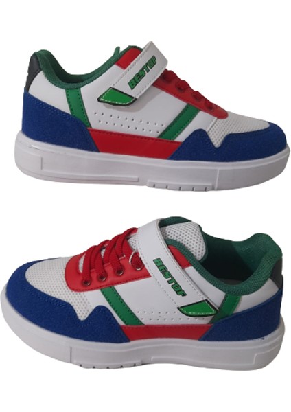 Beyaz-Mavi-Kırmızı Cırtlı Çocuk Sneaker