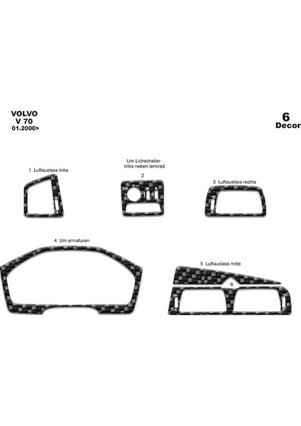 Meriç® Volvo V70 Ön Torpido Kaplama Maun 6 Parça 2000-2005