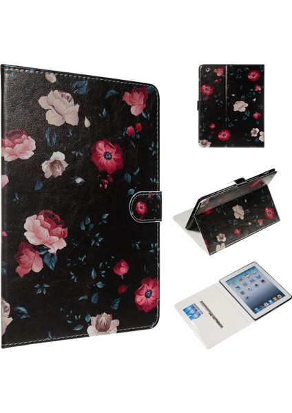 Apple iPad 4 & 3 & 2 Için Deri Kılıf Siyah Backgroud Çiçek (Yurt Dışından)