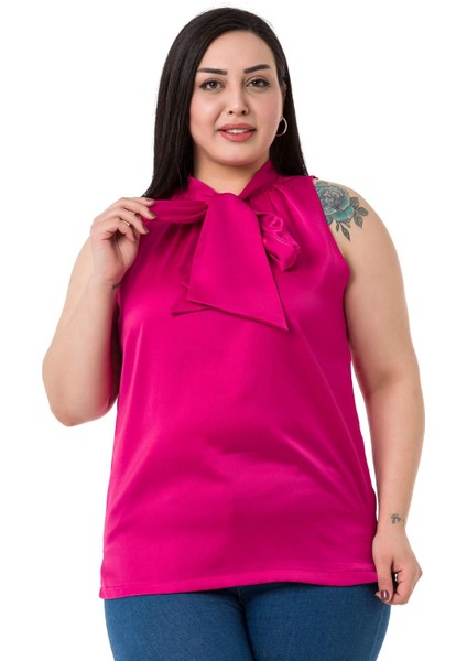 Büyük Beden Yakası Fularlı Yanı Yırtmaçlı Saten Fuşya Bluz