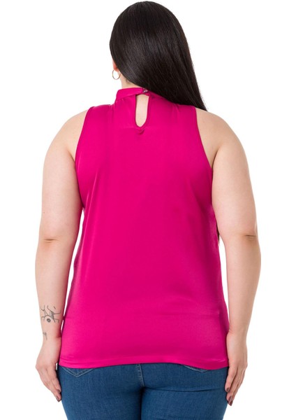 Büyük Beden Yakası Fularlı Yanı Yırtmaçlı Saten Fuşya Bluz modelleri