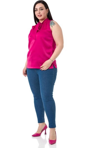 Büyük Beden Yakası Fularlı Yanı Yırtmaçlı Saten Fuşya Bluz fırsatları