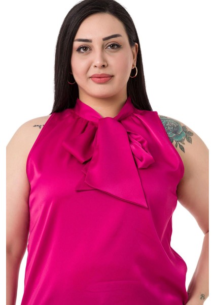 Büyük Beden Yakası Fularlı Yanı Yırtmaçlı Saten Fuşya Bluz indirimleri