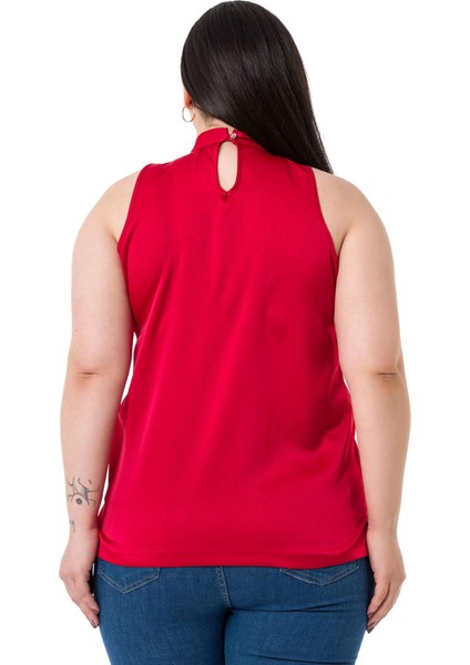 Büyük Beden Yakası Fularlı Yanı Yırtmaçlı Saten Kırmızı Bluz modelleri