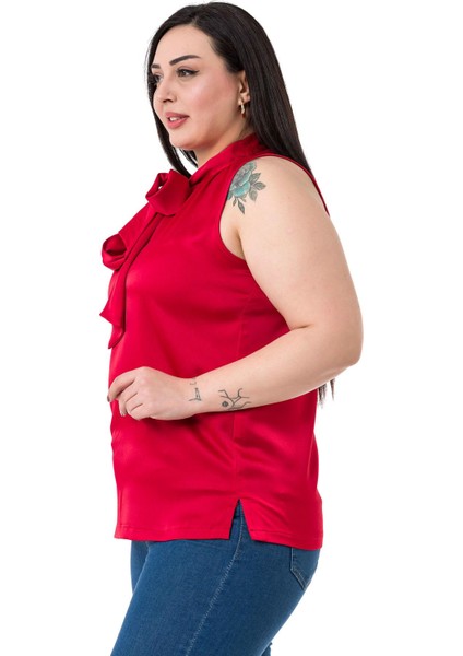 Büyük Beden Yakası Fularlı Yanı Yırtmaçlı Saten Kırmızı Bluz fırsatları