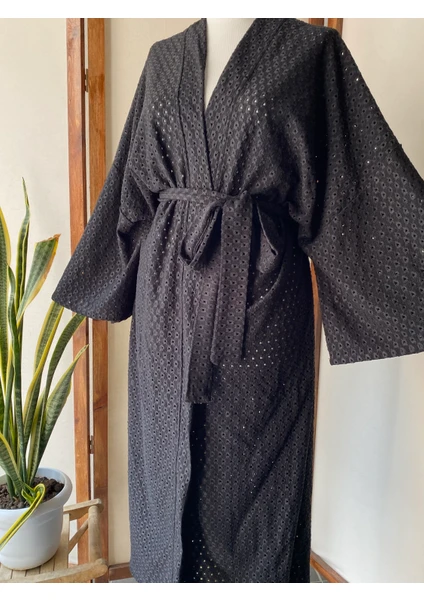 Fisto Kumaş Siyah Rengi Uzun Kadın Kimono