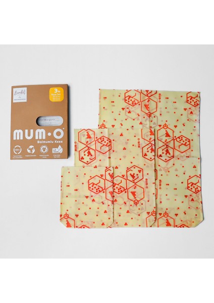 3'lü Balmumlu Kese Set - Bereket Desen - Tekrar Kullanılabilen Balmumlu Yiyecek Saklama Kesesi