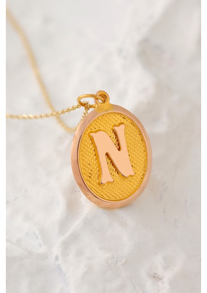 Kadın 14 Ayar Altın Harf Kolye Nostaljik Oval N Harfi Altın Kolye Zincirli 42 cm fırsatları