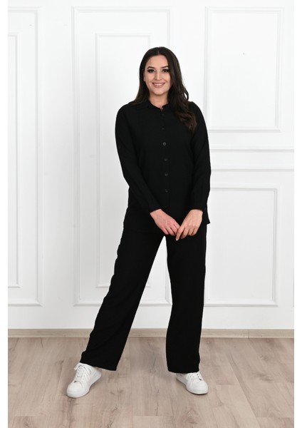 Kadın Keten Kumaş Palazzo Pantolonlu Büyük Beden Gömlek Takım 3686-23