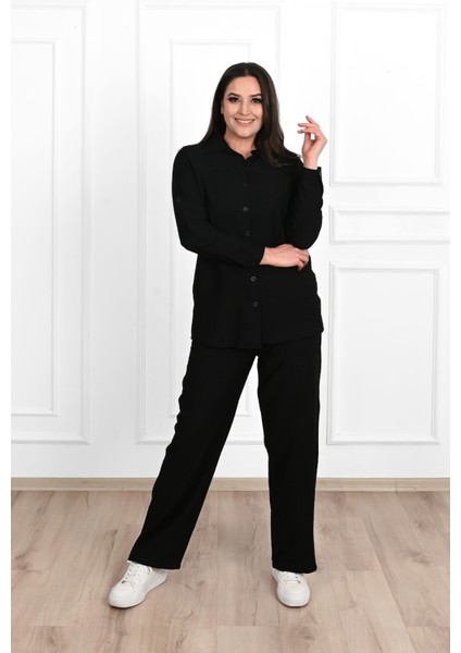 Kadın Keten Kumaş Palazzo Pantolonlu Büyük Beden Gömlek Takım 3686-23 modelleri