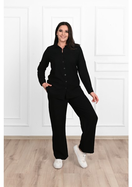 Kadın Keten Kumaş Palazzo Pantolonlu Büyük Beden Gömlek Takım 3686-23 fırsatları