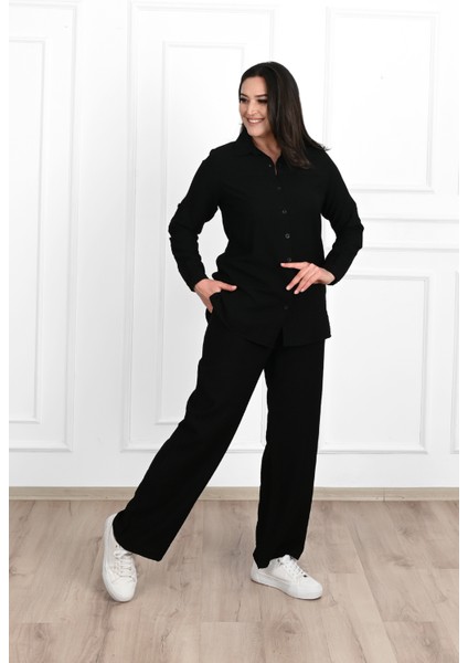 Kadın Keten Kumaş Palazzo Pantolonlu Büyük Beden Gömlek Takım 3686-23 indirimleri