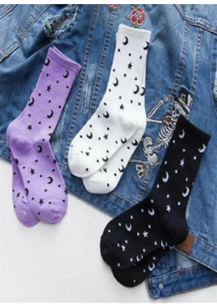 Black Arden Socks Ayyıldız Desenli Mor Renkli Kadın Kolej Çorap 3 Çift