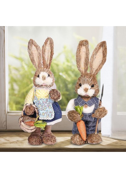 1 Paar Straw Bunny Dekor Çiftçi Tavşan Ayakta Hayvan Masa Süsleme Mavi (Yurt Dışından)