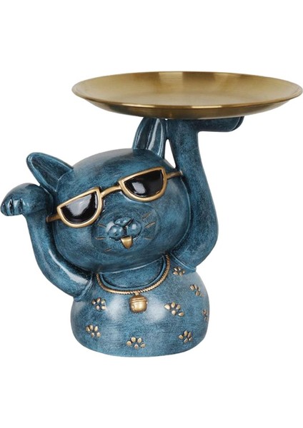 Masa Üstü Reçine Heykeli Şanslı Kedi Heykel Figürin ile Ev Taşınma Mavisi Için Tepsi (Yurt Dışından)