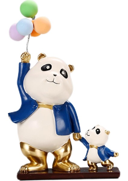 Panda Heykeli Figürin, Yaşam Standı Masaüstü Mavi Için Balonlu (Yurt Dışından)