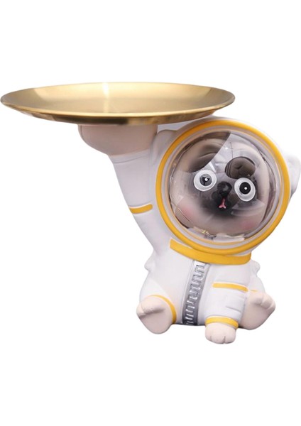 Pug Astronot Heykeli Tepsi Madeni Para Anahtar Snack Tutucu Giriş Masaüstü Beyaz (Yurt Dışından)