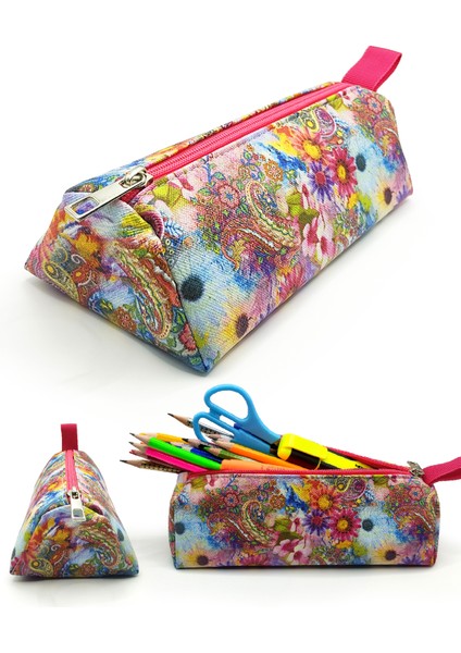 Makyaj Çantası Üçgen Etnik Çiçek Buta Desenli Vegan Jumbo Kalemlik