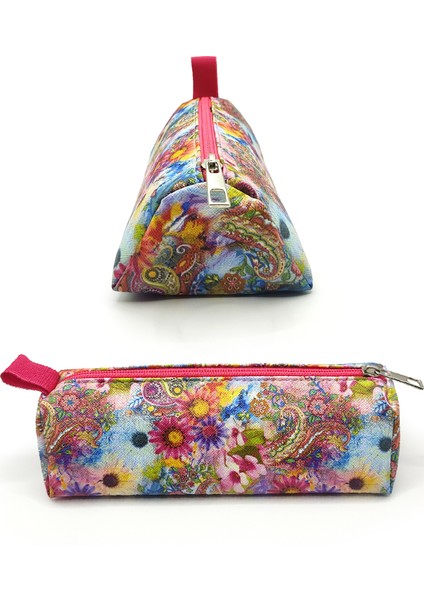 Makyaj Çantası Üçgen Etnik Çiçek Buta Desenli Vegan Jumbo Kalemlik fiyatları