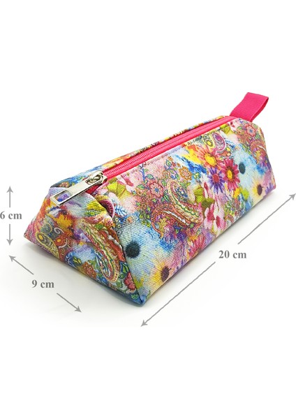 Makyaj Çantası Üçgen Etnik Çiçek Buta Desenli Vegan Jumbo Kalemlik fırsatları