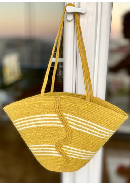 Hardal Ekru Tress Dokuma Ip El Yapımı Plaj Çantası