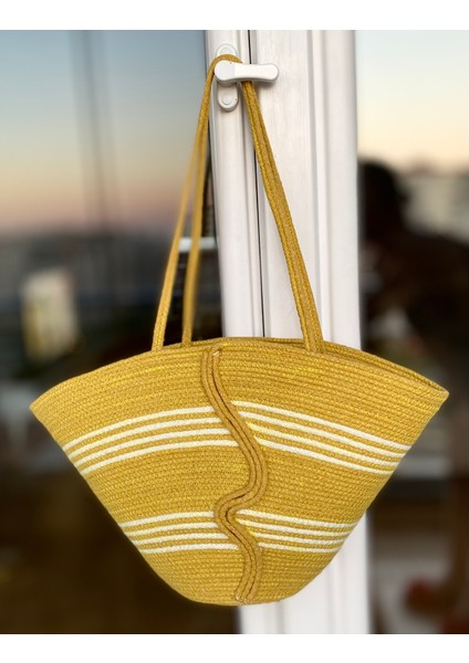 Hardal Ekru Tress Dokuma Ip El Yapımı Plaj Çantası fiyatları