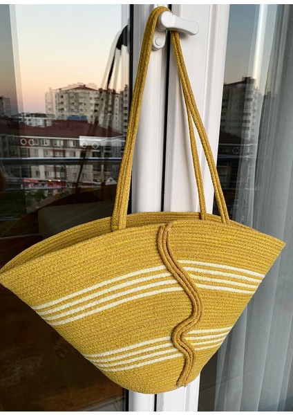 Hardal Ekru Tress Dokuma Ip El Yapımı Plaj Çantası modelleri