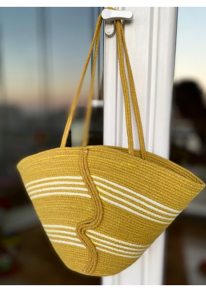 Hardal Ekru Tress Dokuma Ip El Yapımı Plaj Çantası fırsatları