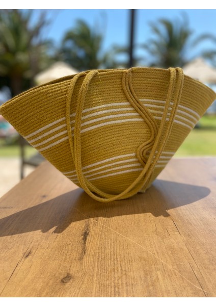 Hardal Ekru Tress Dokuma Ip El Yapımı Plaj Çantası indirimleri