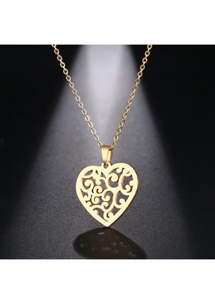 Titanyum Paslanmaz Çelik " Sarmaşık Çiçek Kalp " Kolyesi (Gold)