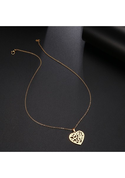 Titanyum Paslanmaz Çelik " Sarmaşık Çiçek Kalp " Kolyesi (Gold)