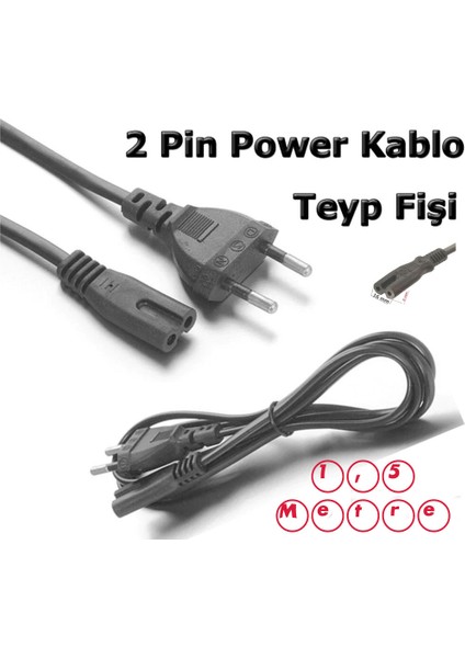 Teyp Fişi - Notebook Adaptör Power Kablosu 2 Pin - 1.5 Metre -Power Güç Elektrik Kablosu Playstation 3 Uyumlu