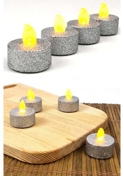 Pilli Tealight Mum 4 Adetli Simli Parlak Gövde Titreyen Alevli Mum Piller Dahil 80 Saat-Gümüş Renk