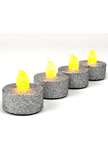 Pilli Tealight Mum 4 Adetli Simli Parlak Gövde Titreyen Alevli Mum Piller Dahil 80 Saat-Gümüş Renk