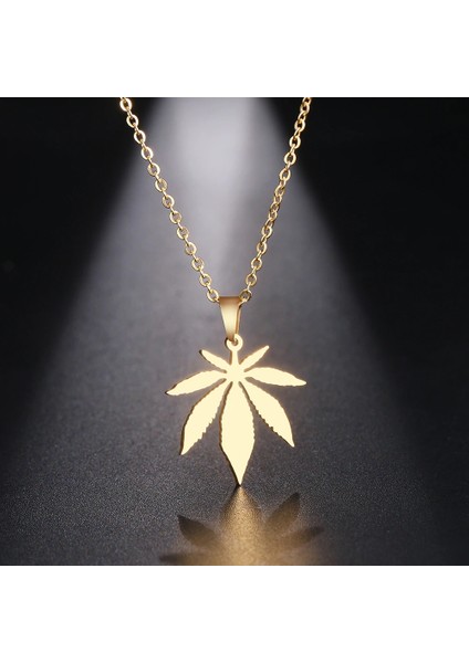 Titanyum Paslanmaz Çelik " Akçaağaç Yaprağı / Ot " Kolyesi (Gold)