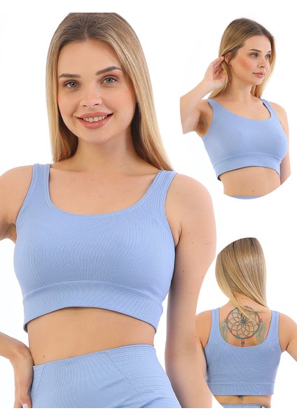 Yeni Sezon Kalın Askılı Fitilli Smsm Toparlayıcı Crop Büstiyer Mavi