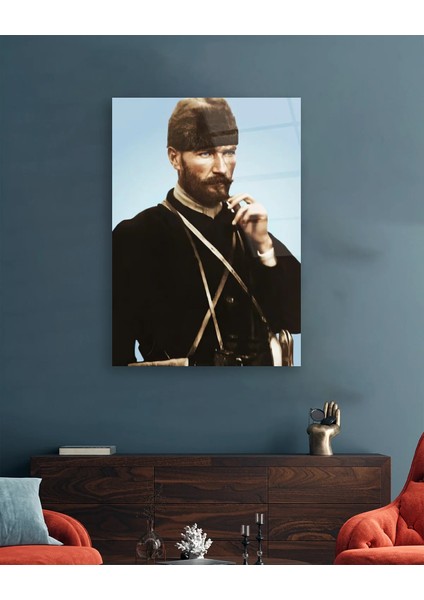 Mustafa Kemal Atatürk Portresi Mavi Fon Cam Tablo