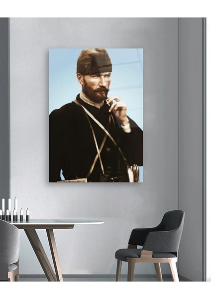 Mustafa Kemal Atatürk Portresi Mavi Fon Cam Tablo