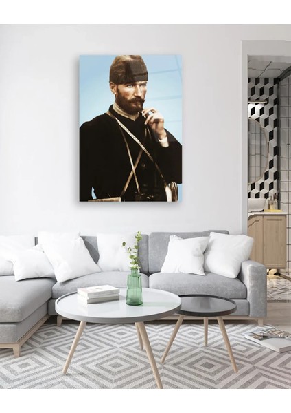 Mustafa Kemal Atatürk Portresi Mavi Fon Cam Tablo
