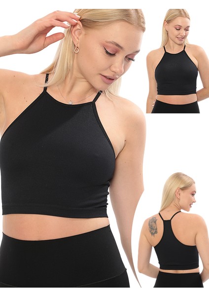 Yeni Sezon Ince Askılı Boyun Bağlamalı Fitilli Smsm Toparlayıcı Crop Büstiyer Siyah