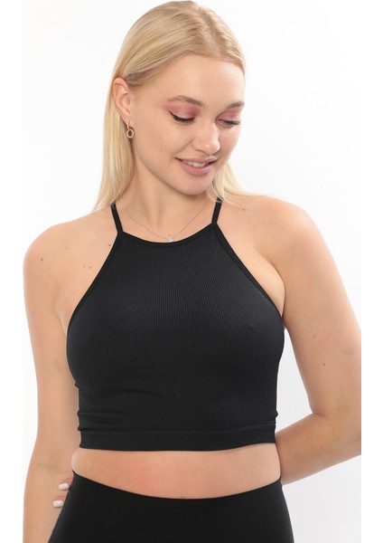 Yeni Sezon Ince Askılı Boyun Bağlamalı Fitilli Smsm Toparlayıcı Crop Büstiyer Siyah fiyatları