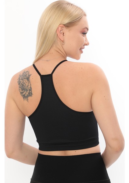 Yeni Sezon Ince Askılı Boyun Bağlamalı Fitilli Smsm Toparlayıcı Crop Büstiyer Siyah fırsatları