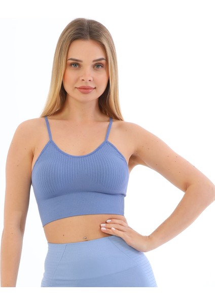 Yeni Sezon Ince Askılı Fitilli Smsm Toparlayıcı Crop Büstiyer Mavi modelleri